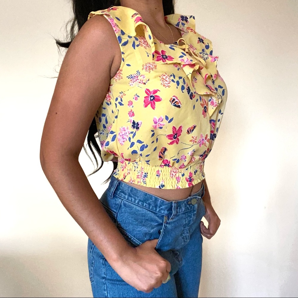 Butter Yellow Floral Sleeveless Blouse